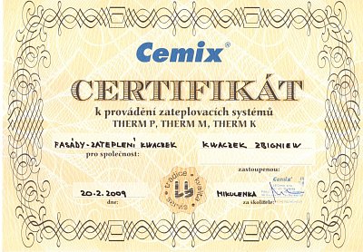 Zateplení fasád Kwaczek certifikáty