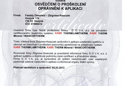Zateplení fasád Kwaczek certifikáty