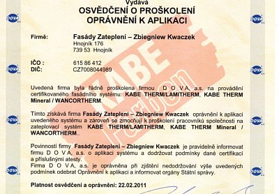 Zateplení fasád Kwaczek certifikáty