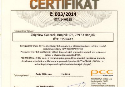 Zateplení fasád Kwaczek certifikáty