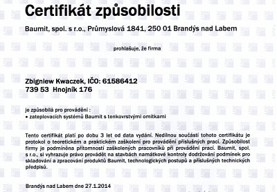 Zateplení fasád Kwaczek certifikáty