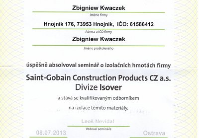 Zateplení fasád Kwaczek certifikáty