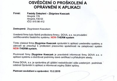Zateplení fasád Kwaczek certifikáty