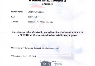 Zateplení fasád Kwaczek certifikáty
