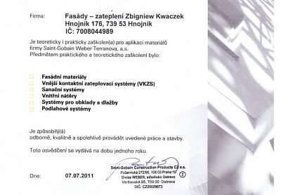 Zateplení fasád Kwaczek certifikáty